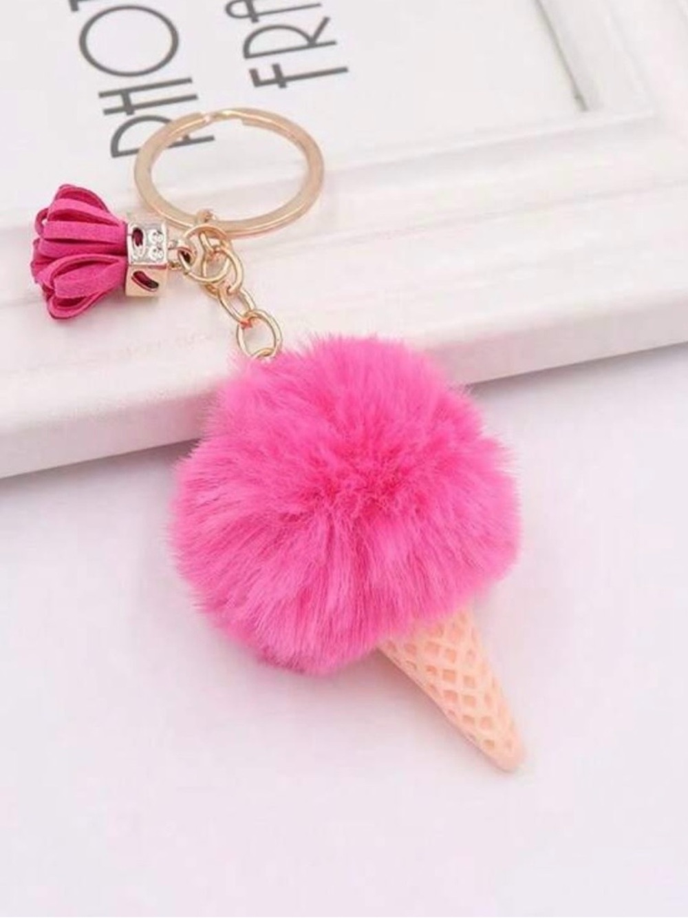 🍦NEW Pink Pom-Pom Ice Cream Cone Keychain/Bag Charm🍦